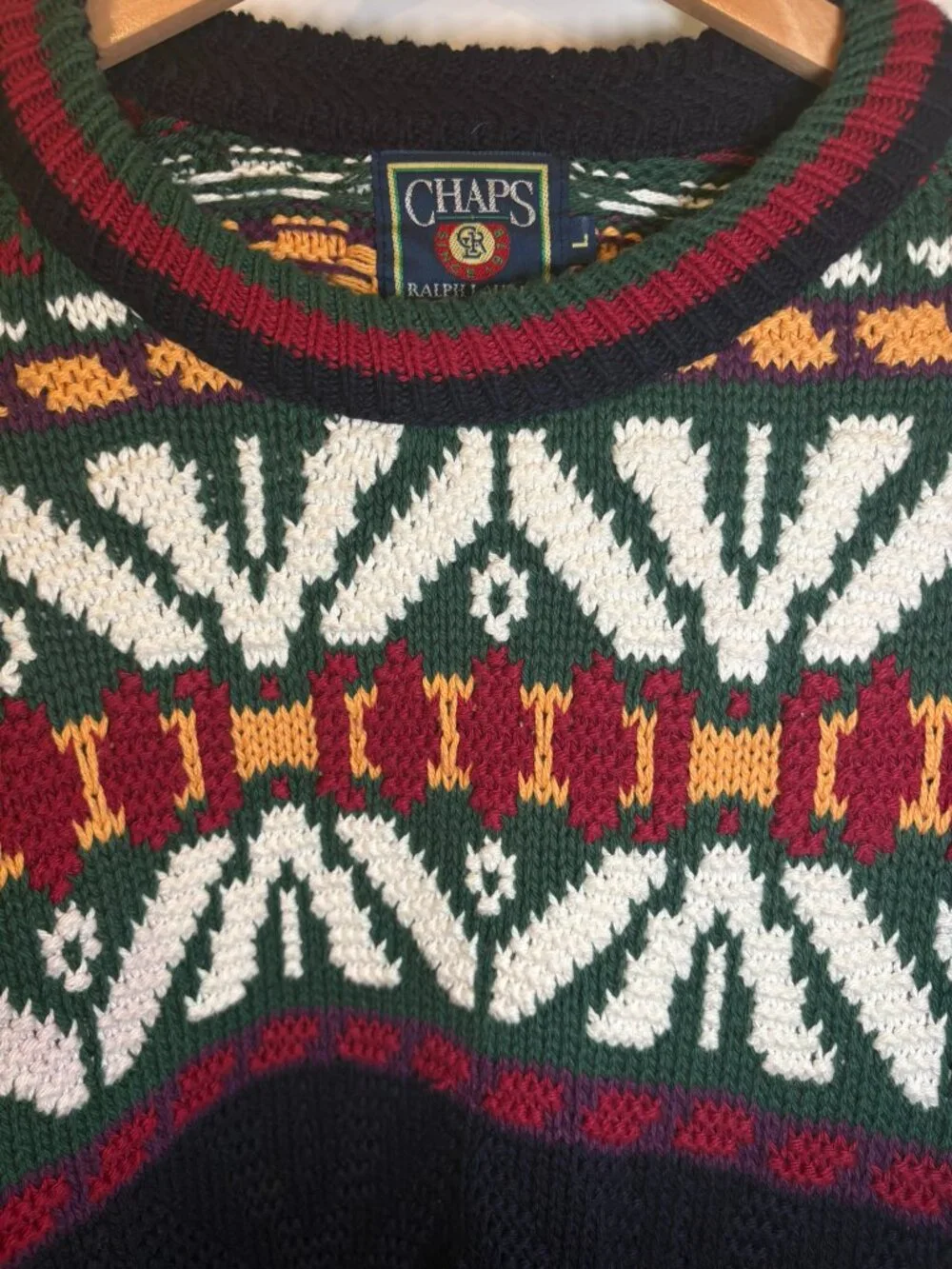 Vintage Ralph Lauren Chaps 90s Fair Isle Cotton Academia Apres Ski Sweater L